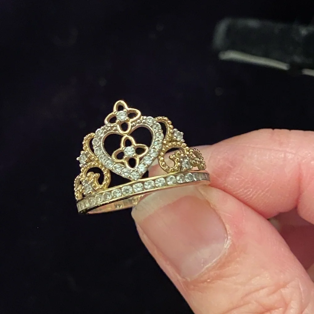 14K Gold Princess Crown RING Fifteen CZ Stones Delicate - Picture 1 of 9